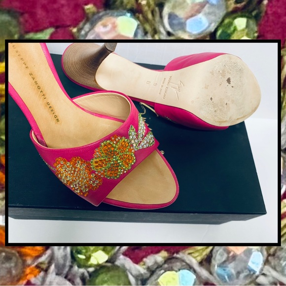 Giuseppe Zanotti Fuschia Pink Leather Floral Crystal Stiletto Mule Slide Shoe 9B - Picture 4 of 10